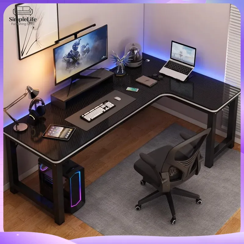 Desk Setup Dual Monitor And Laptop - Narożne biurko gamingowe, biurko komputerowe do